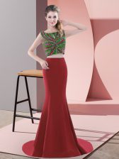  Red Sleeveless Satin Sweep Train Backless Prom Gown for Prom and Party and Military Ball