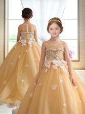  Sleeveless Brush Train Zipper Beading and Appliques Little Girls Pageant Dress Wholesale