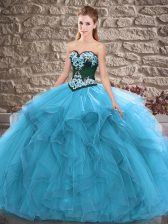 Lovely Blue Tulle Lace Up Sweetheart Sleeveless Floor Length Sweet 16 Quinceanera Dress Beading and Embroidery