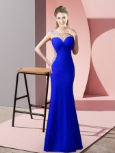  Royal Blue Satin Zipper Prom Dress Sleeveless Floor Length Beading and Pick Ups