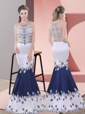 Fine Blue And White Satin Zipper Prom Dresses Sleeveless Floor Length Embroidery
