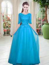 Free and Easy Scoop Half Sleeves Prom Evening Gown Floor Length Lace Blue Tulle