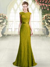 Charming Gold Mermaid Beading and Lace Prom Gown Backless Cap Sleeves