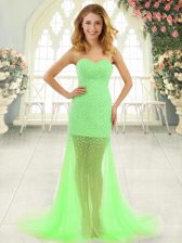 Nice Tulle Zipper Sweetheart Sleeveless Prom Dress Brush Train Beading