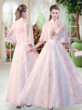  White Half Sleeves Appliques Floor Length 