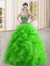 Low Price Sweetheart Sleeveless Quinceanera Gowns Floor Length Beading and Ruffles Green Organza