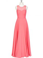 Top Selling Column/Sheath Evening Dress Watermelon Red Scoop Chiffon Sleeveless Floor Length Zipper