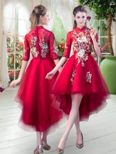 Dazzling High-neck Half Sleeves Homecoming Dress High Low Appliques Red Tulle