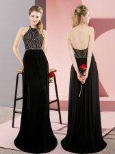  Black Chiffon Backless High-neck Sleeveless Evening Dress Sweep Train Beading