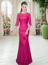  Lace Scoop Half Sleeves Zipper Lace Homecoming Dress in Hot Pink