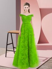  Tulle Off The Shoulder Sleeveless Lace Up Beading Prom Gown in Green