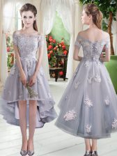 Suitable High Low Lace Up Silver for Prom and Party with Appliques