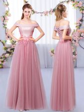  Pink Tulle Lace Up Off The Shoulder Sleeveless Floor Length Dama Dress for Quinceanera Appliques