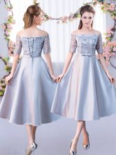  Half Sleeves Lace Up Tea Length Lace Quinceanera Court Dresses