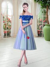 Attractive Tea Length Blue Homecoming Dress Off The Shoulder Sleeveless Lace Up