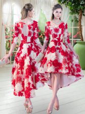 Fantastic White And Red A-line Scoop Half Sleeves Lace High Low Lace Up Belt Prom Party Dress