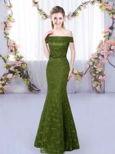  Olive Green Mermaid Off The Shoulder Sleeveless Lace Floor Length Lace Up Dama Dress for Quinceanera