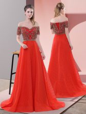 Shining Red Lace Up Prom Evening Gown Short Sleeves Sweep Train Beading and Lace