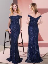  Sleeveless Sequined Floor Length Zipper Prom Dresses in Navy Blue with Ruching