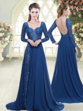 Blue Prom Gown Prom and Party with Beading and Lace Sweetheart Long Sleeves Sweep Train Zipper