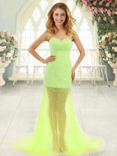  Yellow Green Sleeveless Tulle Brush Train Zipper Prom Gown for Prom and Party