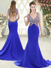  Beading Prom Evening Gown Blue Backless Sleeveless Sweep Train