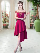  Wine Red A-line Satin Off The Shoulder Sleeveless Appliques Asymmetrical Zipper 