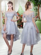  Off The Shoulder Short Sleeves Tulle Homecoming Dress Appliques Lace Up