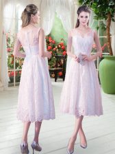 Fine V-neck Sleeveless Prom Evening Gown Tea Length Lace White