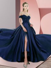 Nice Navy Blue Elastic Woven Satin Backless Sleeveless Sweep Train Beading