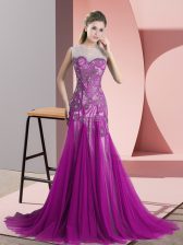 Customized Purple A-line Beading and Appliques Backless Tulle Sleeveless