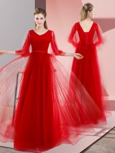 Dramatic Red Prom Gown Prom and Party with Beading V-neck Long Sleeves Lace Up