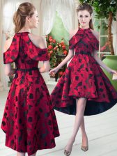  Red Sleeveless High Low Lace Zipper Homecoming Dress