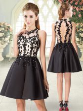  Sleeveless Satin Mini Length Backless Prom Dress in Black with Beading and Appliques
