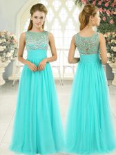  Aqua Blue Tulle Backless Evening Dress Sleeveless Floor Length Beading