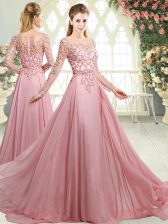 Discount Pink Prom Evening Gown Prom and Party with Beading Scoop Long Sleeves Sweep Train Zipper