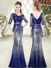 Custom Made Half Sleeves Sequined Floor Length Zipper Evening Dress in Royal Blue with Belt