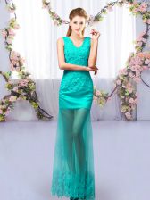  Turquoise Lace Up Dama Dress Lace Sleeveless Floor Length