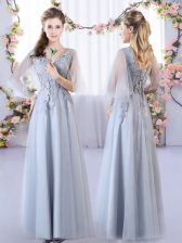  Floor Length Grey Quinceanera Court of Honor Dress Tulle Sleeveless Appliques