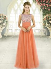  Floor Length Backless Orange for Prom and Party and Military Ball with Beading