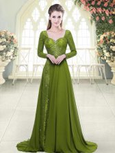 High Class Olive Green Backless Sweetheart Beading Prom Dress Chiffon Long Sleeves Sweep Train