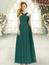  Straps Sleeveless Prom Dress Floor Length Ruching Peacock Green Chiffon