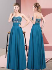 Fantastic Blue Empire Strapless Sleeveless Chiffon Floor Length Lace Up Beading Dress for Prom