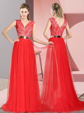 Graceful Sweep Train Empire Prom Evening Gown Red V-neck Tulle Sleeveless Zipper