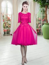 Cheap Fuchsia Prom and Party with Lace Scoop Half Sleeves Lace Up