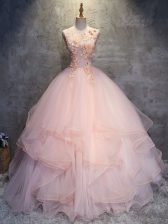  Sleeveless Tulle Floor Length Lace Up Ball Gown Prom Dress in Pink with Appliques and Ruffles