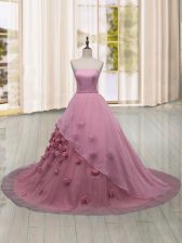 Great Tulle Strapless Sleeveless Brush Train Lace Up Hand Made Flower Ball Gown Prom Dress in Pink 