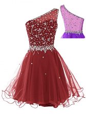 On Sale Sleeveless Tulle Mini Length Side Zipper Prom Dresses in Wine Red with Beading