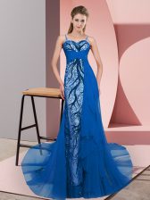  Beading and Lace Dress for Prom Blue Zipper Sleeveless Sweep Train