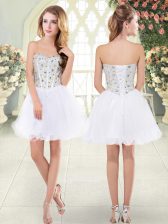 Delicate Sleeveless Mini Length Beading Lace Up Evening Dress with White